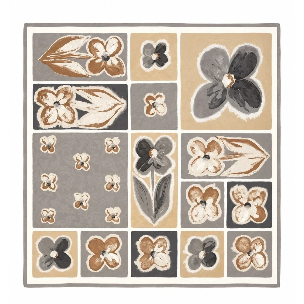Vintage‎ Floral  Square Scarf Womens Tan Grey Neutral Cottage Classic Old Money